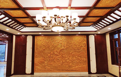 镜铁区中式别墅客厅中式木作横梁吊顶装饰展示